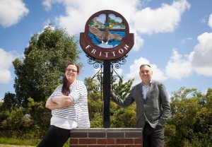 Unveiling of the new Fritton village sign made by North Norfolk Artist Fiona Davies pictured with Gareth Brown, Chairman of GYTABIA. Pic by TMS Media